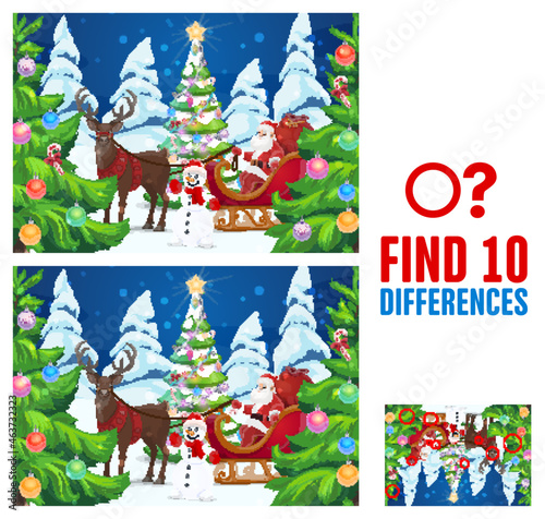 Child find ten differences game with Santa and Christmas tree. Kids logical riddle with comparing task, children holiday puzzle game. Santa in sleigh, reindeer and snowman characters cartoon vector