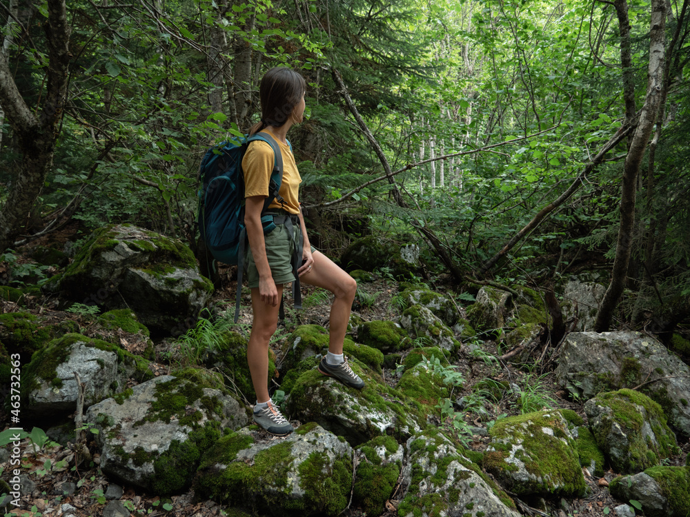 Woman hike in the forest Woman hike in the forest
