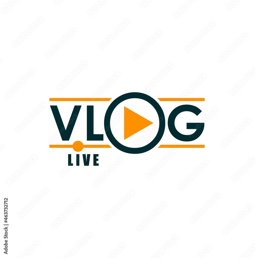 Vlog icon, TV broadcast live stream and online video blog, player. Blogger or vlogger channel or social media stream vector icon with player arrow for video tube or live web podcast Vlog icon, TV broadcast live stream and online video blog, player. Blogger or vlogger channel or social media stream vector icon with player arrow for video tube or live web podcast