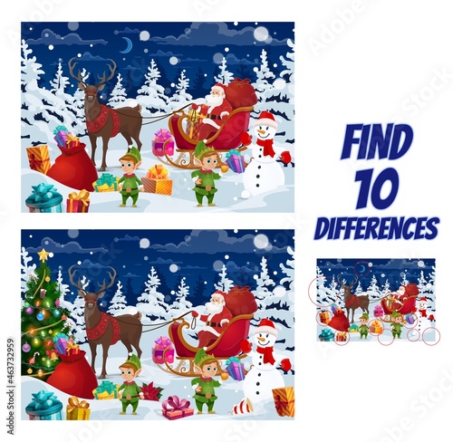 Kids Christmas find difference playing activity, holiday game with comparing and searching details task. Puzzle game with Santa riding sleigh, elfs and snowman characters, gifts on snow cartoon vector