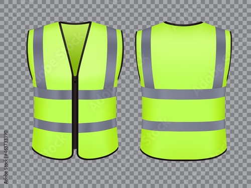 Safety vest jacket, isolated security, traffic and worker uniform wear, vector realistic mockup. Safety vest with retroreflective stripes of green color, security guard or personal protective uniform