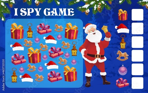Christmas I spy puzzle for preschooler kids. Kindergarten children counting activity, child math riddle or game. Santa Claus hat, Christmas holiday gift and gingerbread cookies, lantern cartoon vector