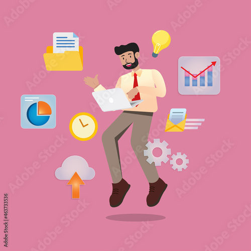 Businessman presenting datausing laptop explaining charts. Business seminar. Flat style vector illustration