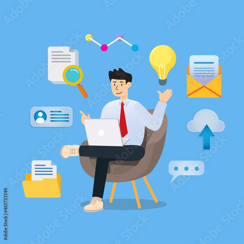 Man sitting on chair with laptop. Vector illustration. Flat modern design of social networking