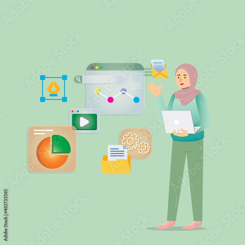 hijab girl standing with laptop. Businessman holding notebook. Vector illustration. with chart and icon