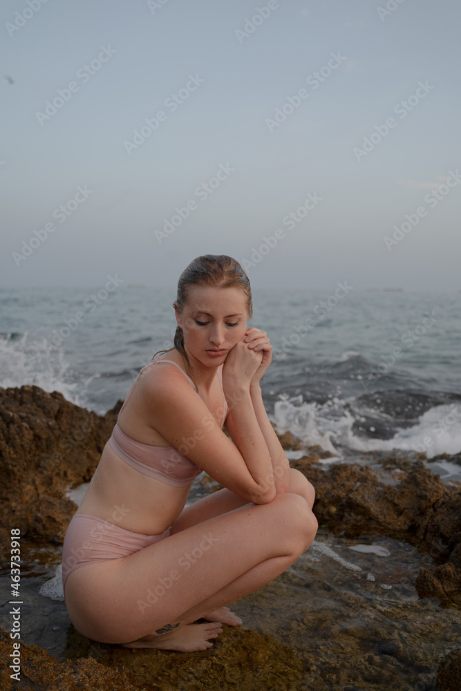 Wet Woman In Underwear Sitting By The Sea Wet Woman In Underwear Sitting By The Sea