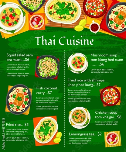 Thai cuisine vector menu template mushroom soup tom klong hed ruam, chicken soup tom kha gai, and lemongrass tea. Squid salad yam pra muek, fried rice with shrimps khao phad kung, Thailand food prices