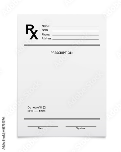 Medical prescription RX form, pharmacy and hospital realistic vector paper blank sheet. RX prescription or doctor and pharmacist note pad or medicine document to refill for patient drugs and pills
