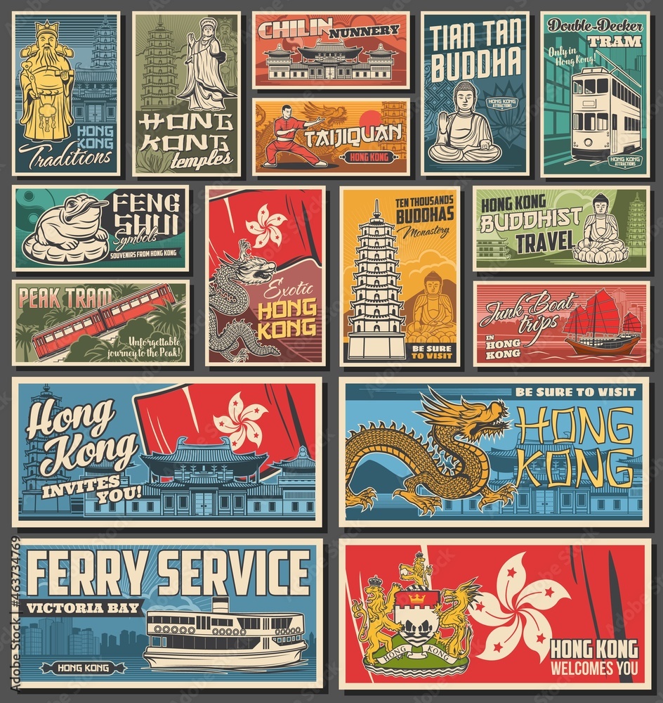 Fototapeta premium Hong Kong city travel posters, architecture landmarks, religion vector symbols and attractions. Hong Kong flag and coat of arms, ferry, dragon, peak tram, Buddha and sea goddess, Buddhist temple, junk