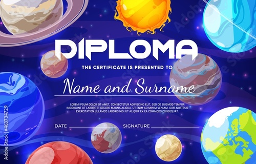 Kids diploma with cartoon galaxy space nebula and planets. Education certificate for kids, child kindergarten or school diploma, holiday vector invitation with solar system planets, sun and stars