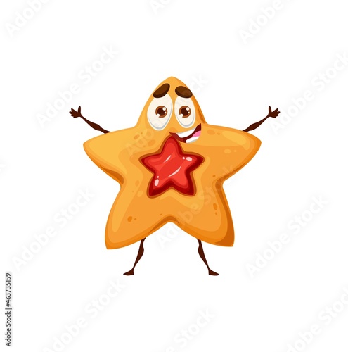 Shortbread star cookie character. Crunchy dessert food cute vector personage with smiling face, sweet snack cookie with red jam filling happy isolated character standing with outstretched hands