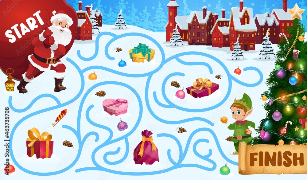 Obraz premium Children Christmas maze, labyrinth game with Santa and elf. Kids winter holiday riddle, search path game or playing activity. Santa carrying sack with gifts, decorated Christmas tree cartoon vector