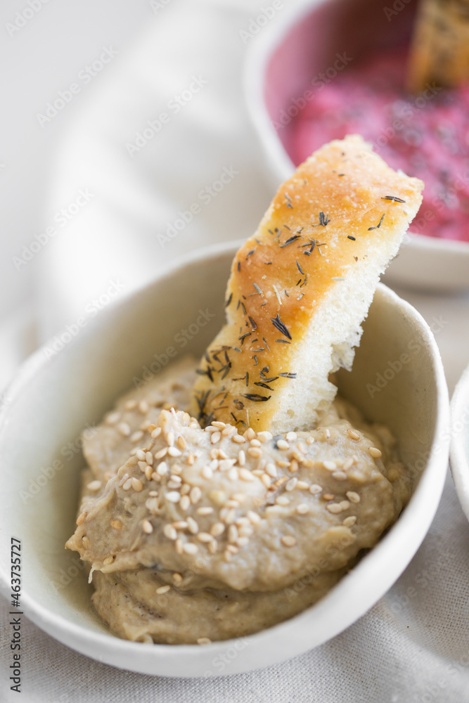 Pate Veggie focaccia with Raz , Hanout and Mutabal Pate Veggie focaccia with Raz , Hanout and Mutabal