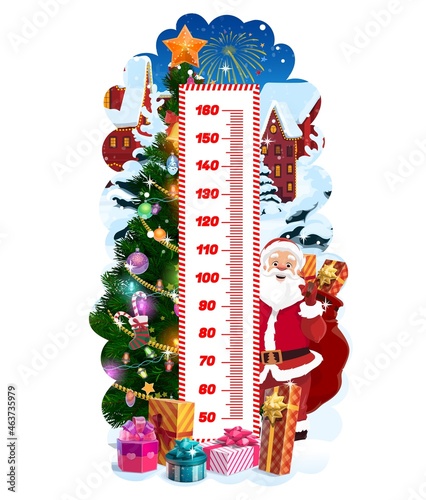 Kids height chart with Christmas tree and Santa, vector growth meter. Children height measure wall sticker or stadiometer with cartoon Santa, Xmas gift bag and present boxes, stars and snowflakes