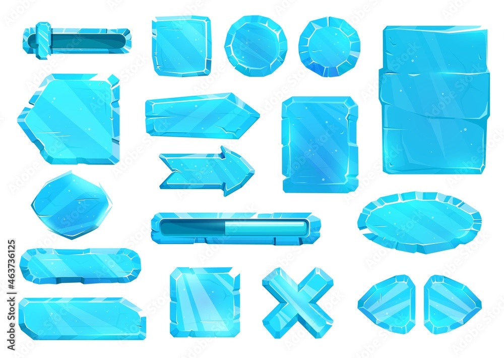 Ice crystal user panel interface, buttons, slider plates and arrow keys, vector game asset UI set. Blue ice UX and GUI buttons for game, cartoon menu with power volume level and menu navigation arrows - obrazy, fototapety, plakaty 