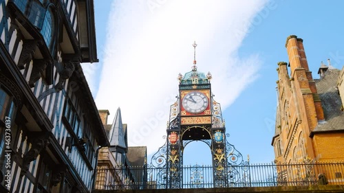 Closeup view of the Eastgate and Eastgate Clock in Chester, Cheshire, England, UK, on the site of Roman entrance of Deva Victrix photo