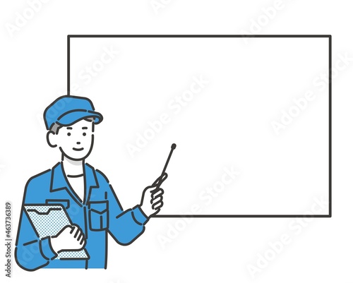 指示棒を持ってホワイトボードを指す自動車整備士の全身ベクターイラスト素材／メンテナンス／車検／修理