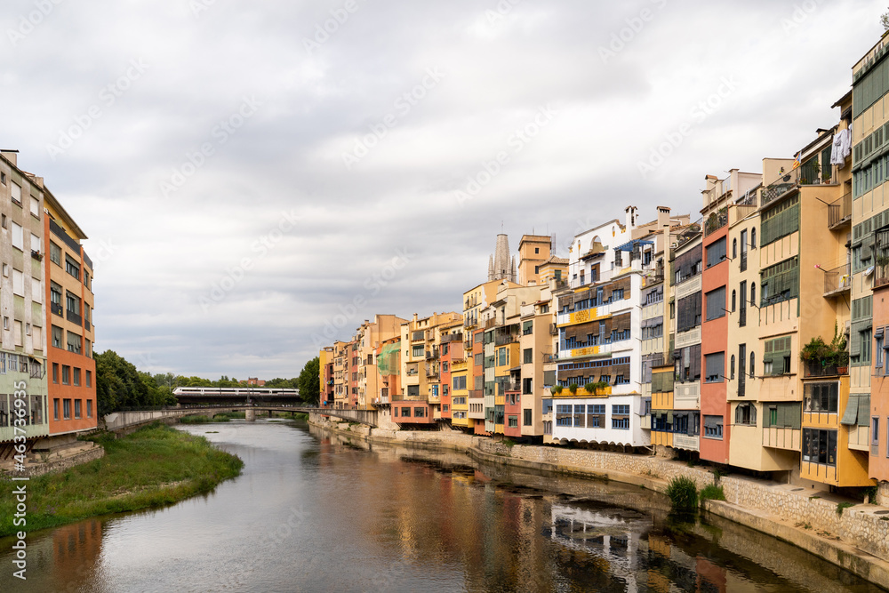 View of Onyar river and houses in Girona City in Spain View of Onyar river and houses in Girona City in Spain