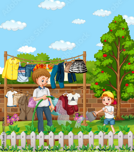 Outdoor scene with father and his son watering plant in the garden