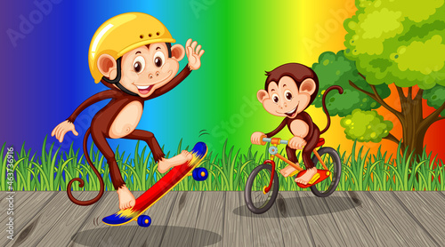 Monkeys doing different activities on rainbow gradient background