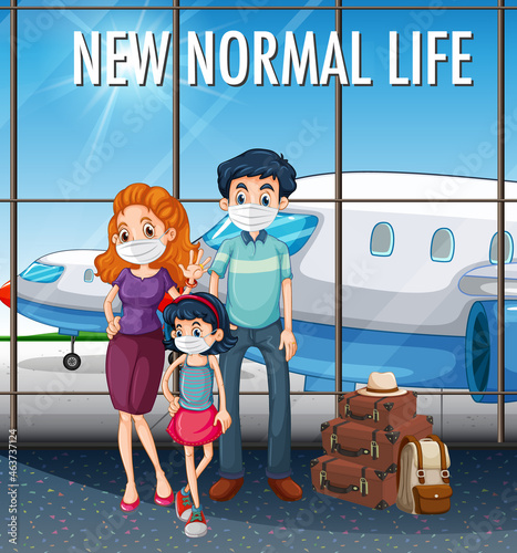 New Normal Life with happy family ready to travel at the airport