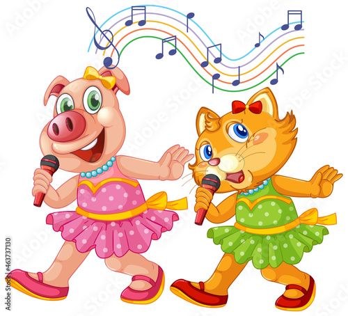 Little cute piglet and kitten singing with microphone