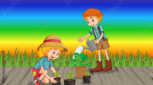Children planting on rainbow gradient background