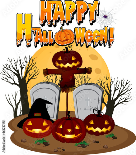 Happy Halloween with Jack-o'-lantern at graveyard