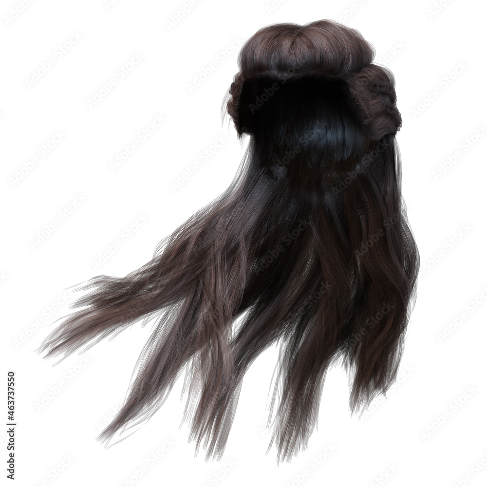 3d render, 3d illustration, fantasy long hair on isolated white background