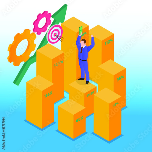 Happy businessman with profit 3d isometric vector illustration concept for banner, website, landing page, ads, flyer template