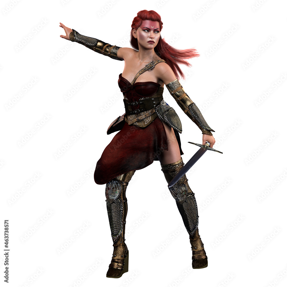 Medieval Fantasy Warrior Woman with sword on isolated white background, 3D illustration, 3D Rendering Medieval Fantasy Warrior Woman with sword on isolated white background, 3D illustration, 3D Rendering