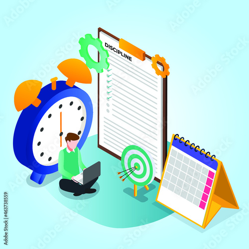 Discipline man working to meet target 3d isometric vector illustration concept for banner, website, landing page, ads, flyer template