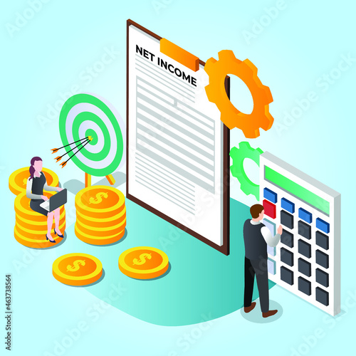 Business people with net income 3d isometric vector illustration concept for banner, website, landing page, ads, flyer template