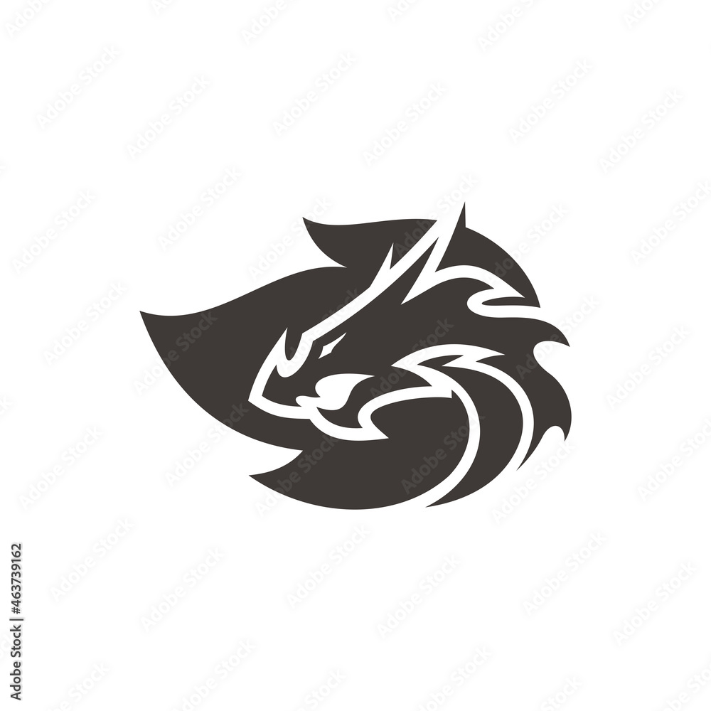 Dragon head silhouette and fire, flame symbol vector logo in black and white color