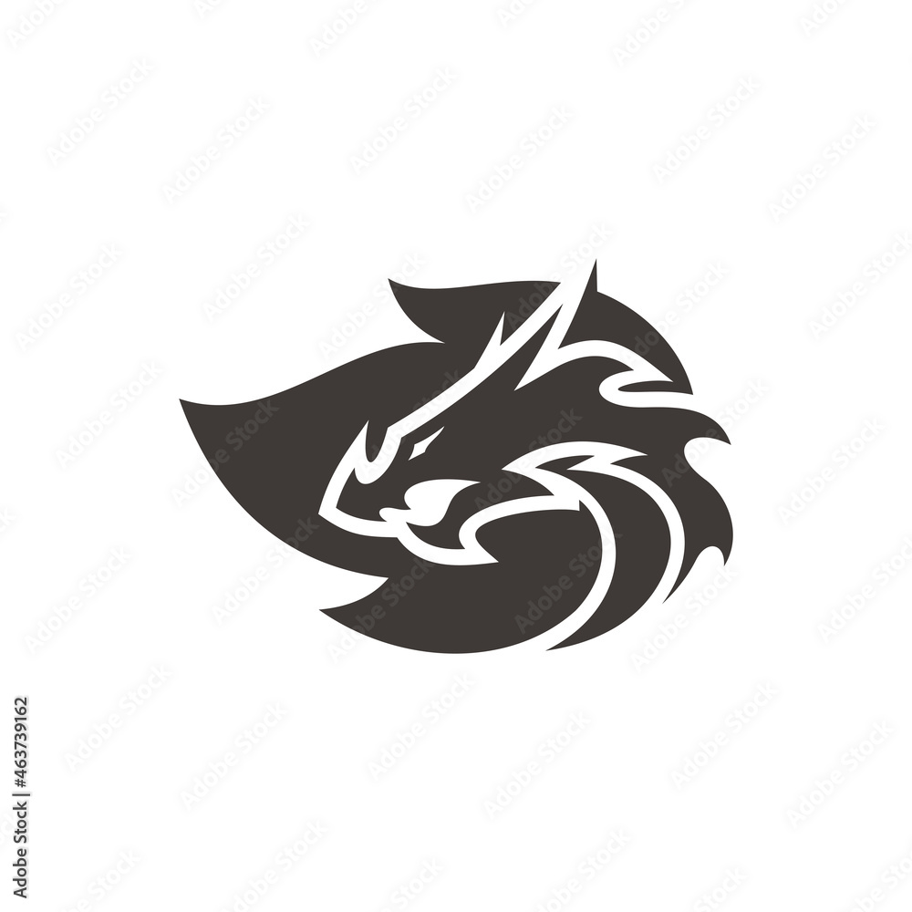 Dragon head silhouette and fire, flame symbol vector logo in black and white color Dragon head silhouette and fire, flame symbol vector logo in black and white color