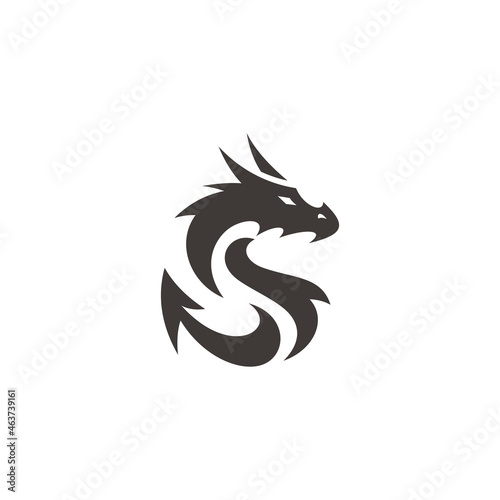 Flat dragon silhouette, dragon illustration vector logo in black and white color