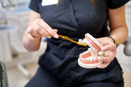 Dentist demonstrates how to properly brush your teeth photo