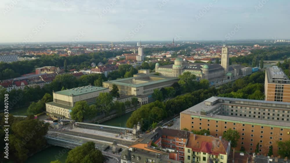 Birds Eye Aerial View of German Museum on Isar River in Summer