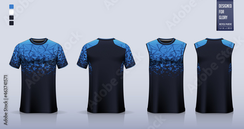 Blue T-shirt sport, Soccer jersey, football kit, basketball uniform, tank top, and running singlet mockup. Fabric pattern design. Vector.