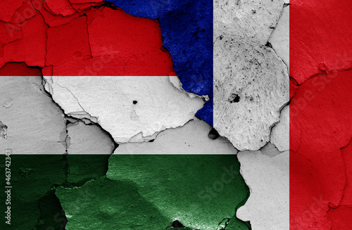 flags of Hungary and France painted on cracked wall