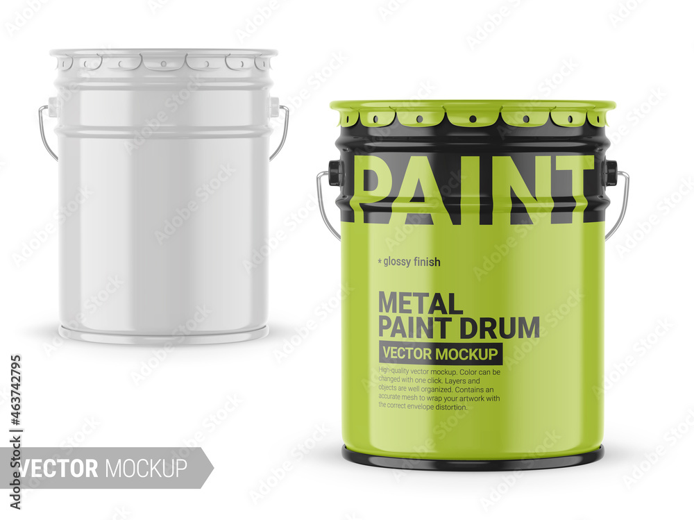 White glossy metal paint bucket mockup. Vector illustration. Stock