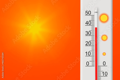 Celsius scale thermometer shows plus 38 degrees . Yellow sun in red sky. Summer heat