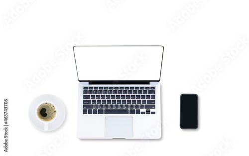 Businessman working. Top view of man hands working on keyboard laptop with blank white screen with smartphone and coffee cup. Copy space for your text. Isolated on grey background. Clipping path.