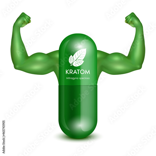 Fresh green Kratom leaf (Mitragyna speciosa) Green capsule with arms showing strong muscles powerful. Herbal product alternative, narcotics, painkiller. Medical concept. Realistic 3D vector.