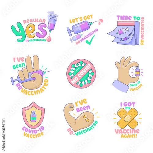 Regular revaccination to prevention of Covid-19 icons set. Vaccinations against infectious disease spread. Immunization campaign, injection, treatment cartoon sticker vector illustration