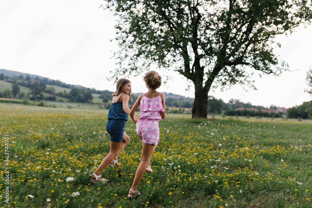 Girls run around the tree in a meadow Girls run around the tree in a meadow