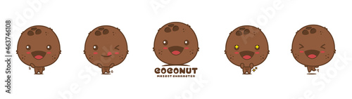 cute coconut cartoon mascot, fruit vector illustration, with different facial expressions and poses