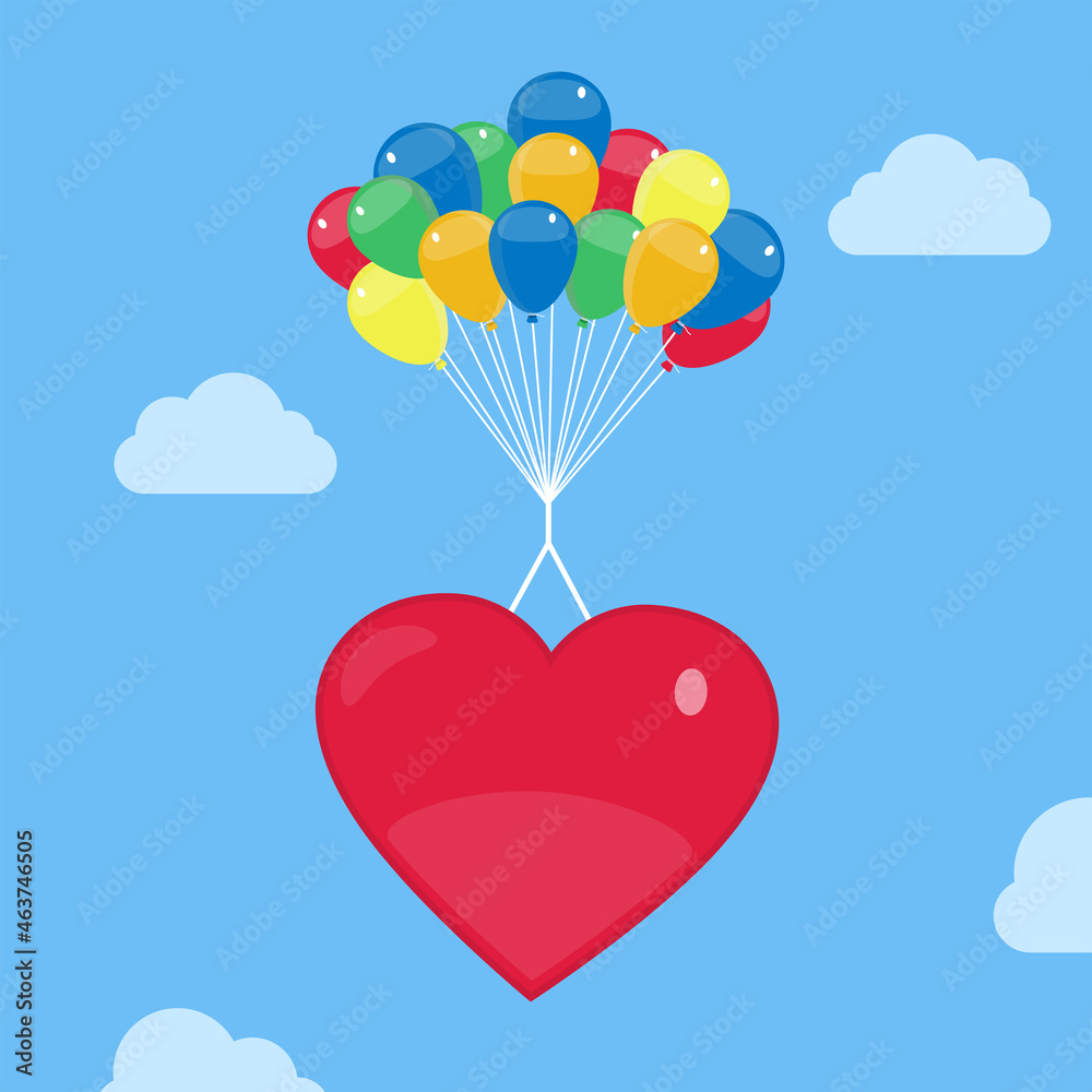 Heart shape hanging from helium balloons, floating and soaring in the sky.