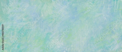 油彩抽象背景）エメラルドグリーンと黄緑と水色のバナー ラフな筆跡 ナチュラル かすれ 油絵 アート