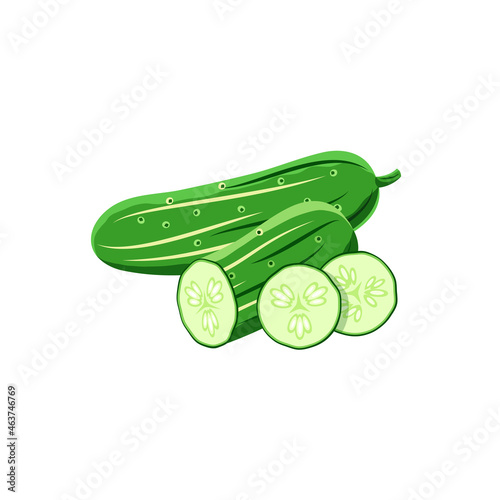 Flat illustration of whole cucumber, cut cucumber and two slices. Green fresh cucumbers gherkin on white background. Idea for poster, sticker, postcard, magazine, book, web design and so on.